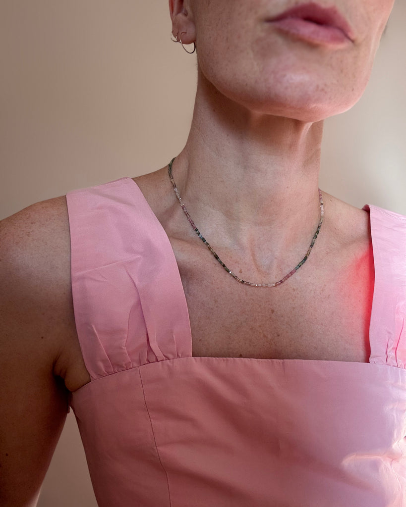 Tiny Watermelon Tourmaline Beaded Necklace