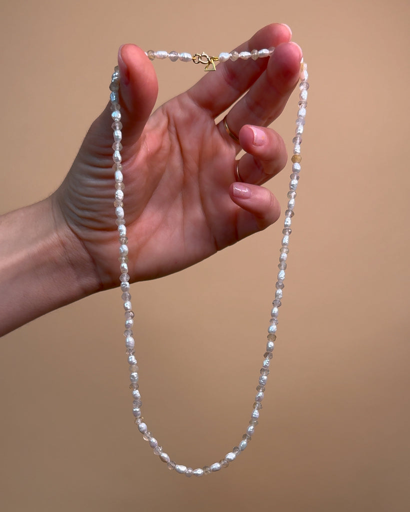 Golden Rutilated Quartz and Freshwater Pearl Beaded Necklace