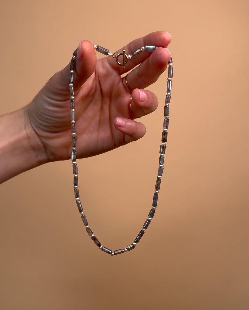 Labradorite and Peach Freshwater Pearl Beaded Necklace