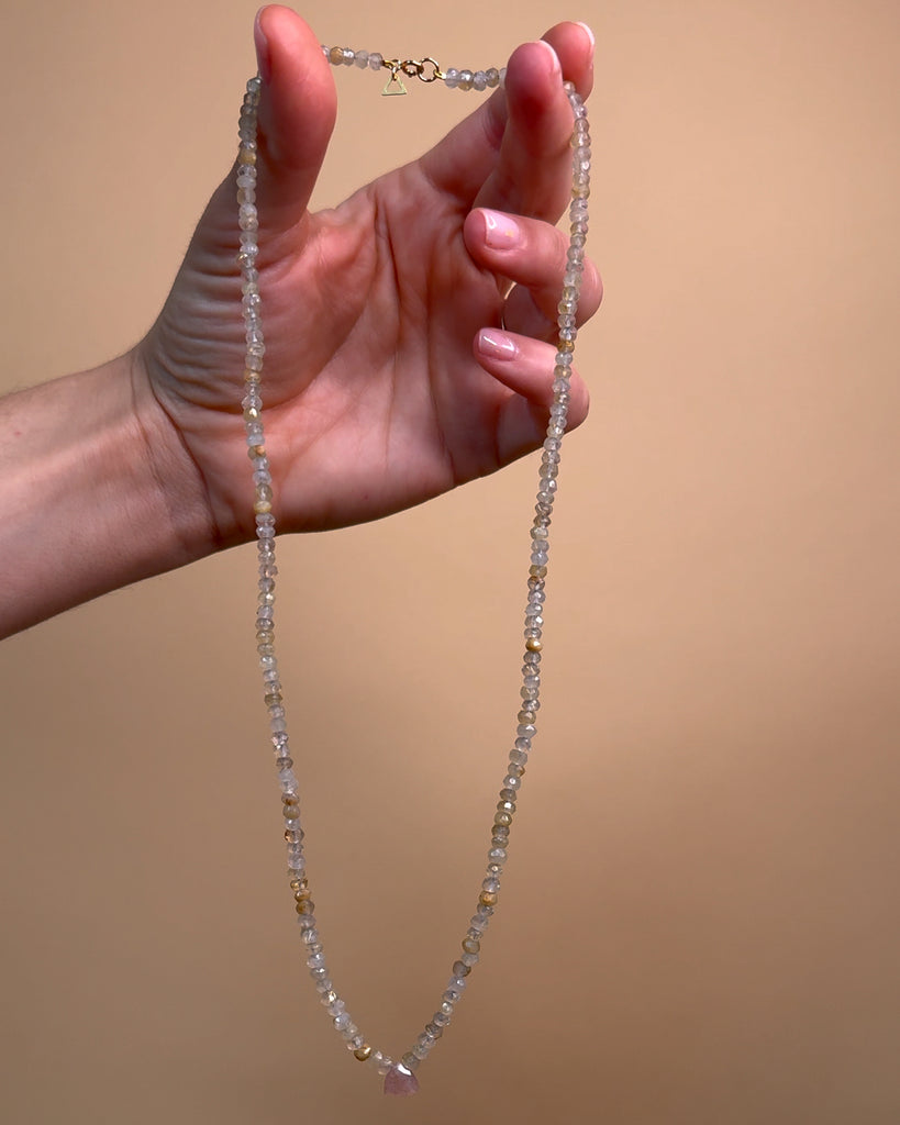 Golden Rutilated Quartz and Pink Moonstone Beaded Necklace